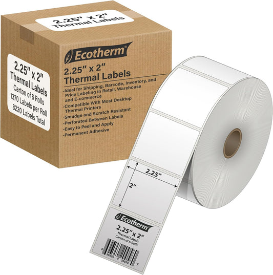2.25" x 2" Thermal Labels | 6 Rolls | 8220 Labels | fits Zebra, Munbyn, Rollo, Godex, Arkscan, iDPRT, Offnova Thermal Label Printers and More | Blank White Adhesive Stickers by Ecotherm