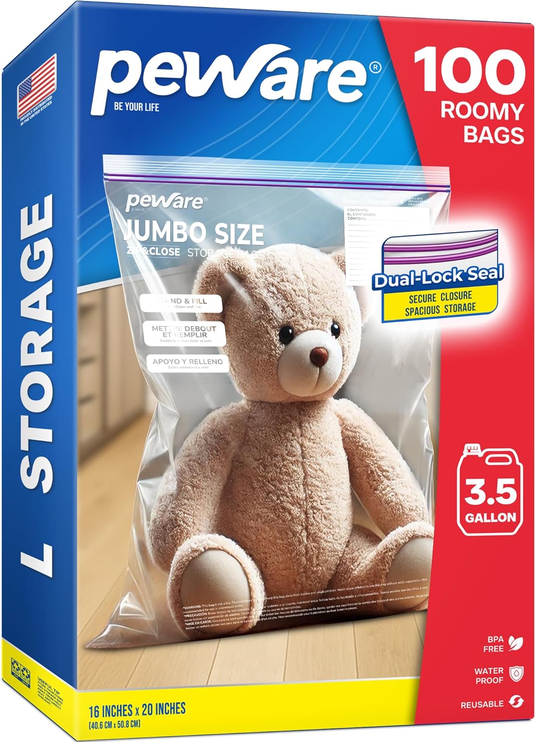 Large Storage Bags, 16"x20" Jumbo Plastic Bag, BPA Free, 3.5 Gallon XL Zipper Lock Baggies for Clothes Pillow Travel Moving - 100 Roomy Bags