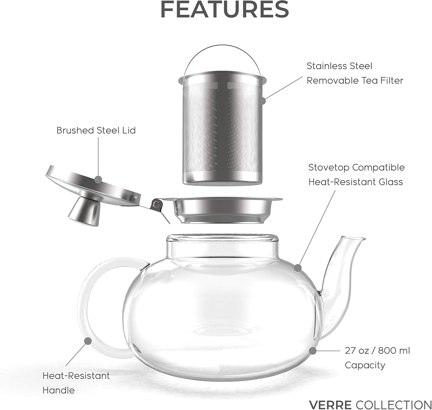 Glass Teapot Stovetop Compatible Kettle with Stainless Steel Removable Infuser, Loose Leaf Tea, Stovetop Safe Tea Pot and Strainer (27 Ounce)