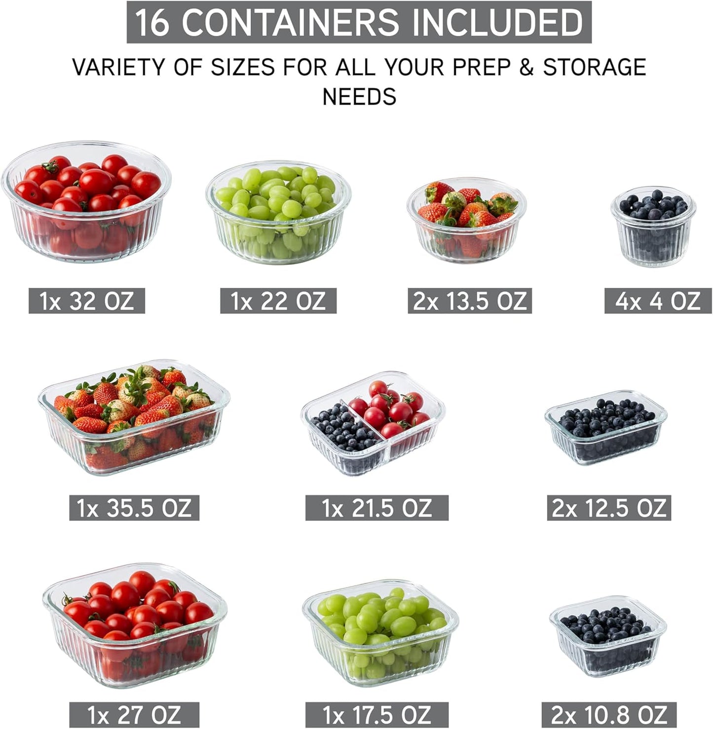 COOK WITH COLOR Premium 32-Pc. Borosilicate Glass Food Container Set with Dividers - 4 Rectangles, 8 Rounds, 4 Squares - Leakproof Lids - Meal Prep, Storage, Fluted Ombre Grey