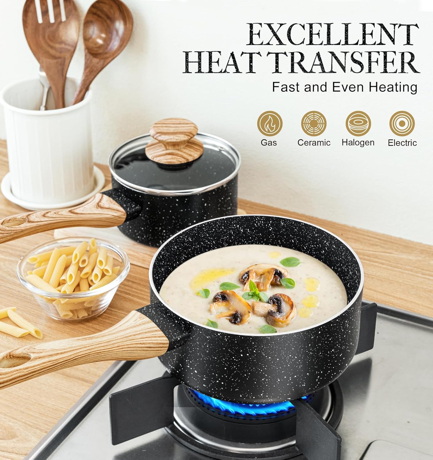 MICHELANGELO Saucepan Set with Lid, Nonstick Sauce Pan with Lid 1QT, 2QT & 3QT, Stone Saucepan Sets, Small Sauce Pot with Lid, Granite Sauce pan 3 Piece, Sauce Pots, Black