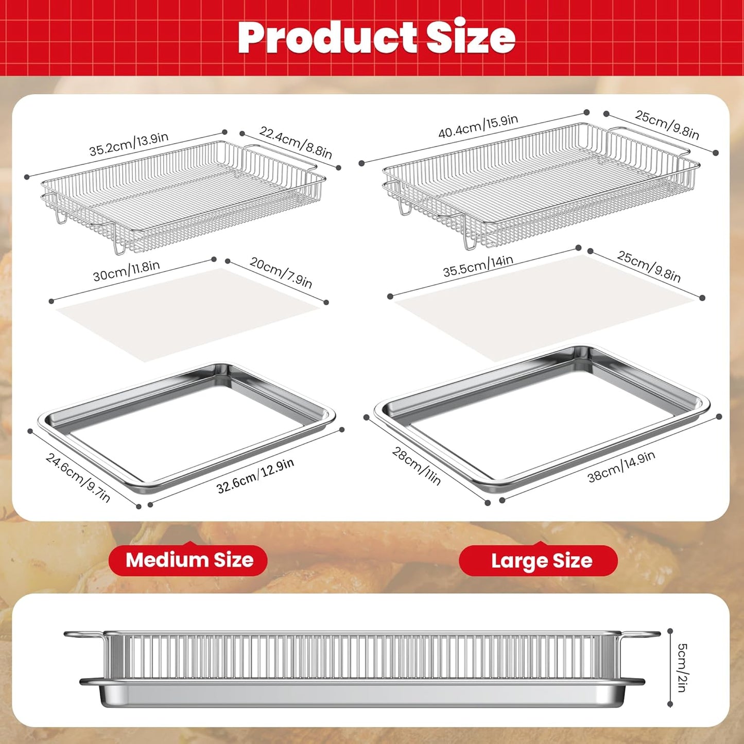 Air Fryer Basket for Oven,Ease Of Cleaning,Air Fryer Basket and Stainless Steel Baking Tray Pant Oven with 50 Sheets Parchment Papers,Air Fryer Pan Rack for Cooking Baking Dishwasher (2 Set M+L)