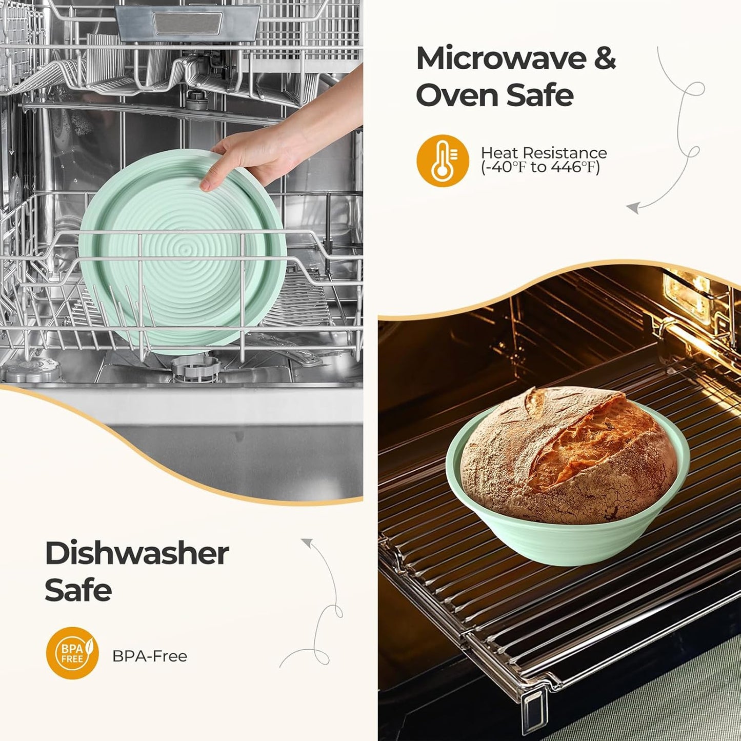 Silicone Banneton Bread Proofing Basket Set, 2 Foldable Sourdough Proofing Baskets (9" Round & 10" Oval), Complete Set for Bread Making With Essential Tools, Green