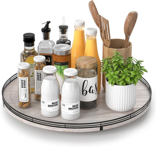 18" Lazy Susan Wood Turntable Organizer for Kitchen Decor, Farmhouse Round Wooden Lazy Susan Organization and Storage for Cabinet, Dining Table, Pantry, Bathroom, Countertop, Centerpiece, Home Decor