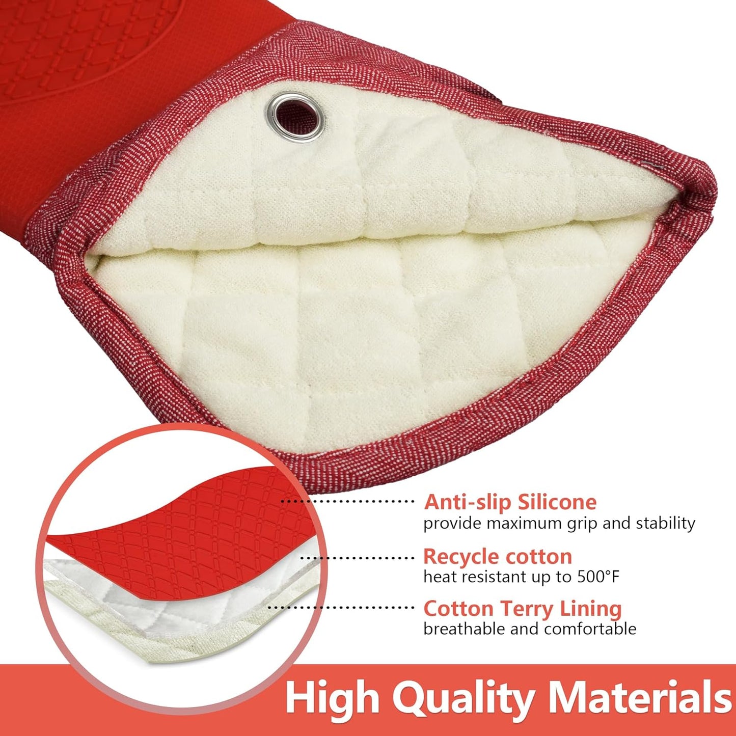 Professional Microwave Silicone Oven Mitts one Pair, Kitchen Mitten Set for Heat Resistant with 500 Degrees, Kitchen Gloves Pot Holder for BBQ Cooking Baking (Red)