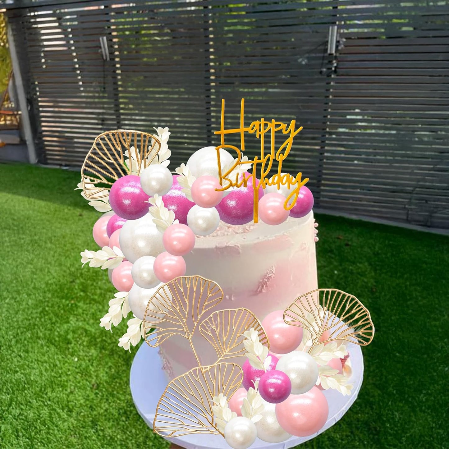 Gyufise 57Pcs Balls Cake Topper Boho Grass Cake topper Pearl Balls Acrylic Happy Birthday Cake Decorations for Wedding Baby Shower Birthday Boho Themed Party Supplies Rose Red