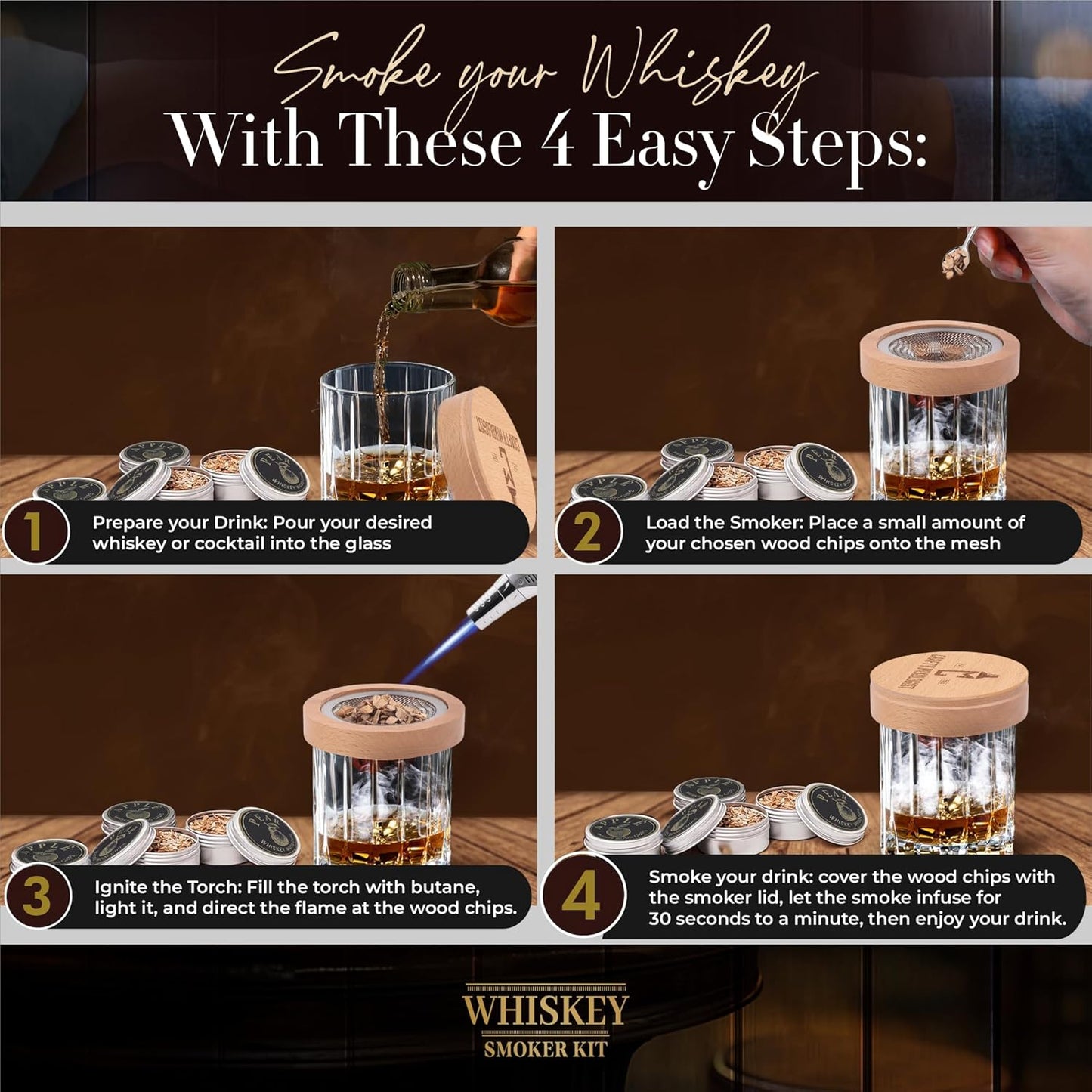 Whiskey Smoker Kit with Torch – 6 Wood Chip Flavors & 2 Glasses – Cocktail Smoker Infuser Set for Old Fashioned and Bourbon– Birthday Gifts for Men, Dad, Husband and Boyfriend(Butane Not Included)