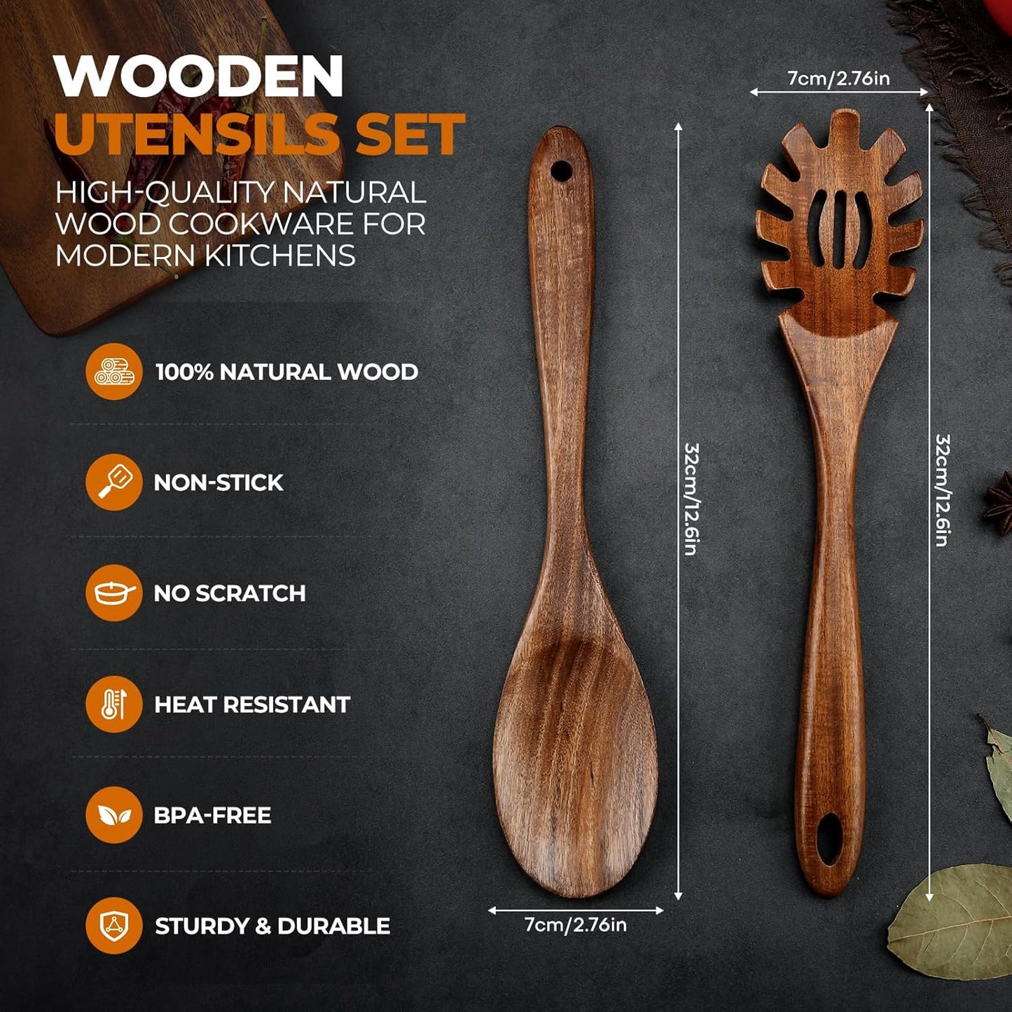 AIUHI Teak Wood Pasta Server, Wooden Spaghetti Noodle Spoon with Teech, Long Handle Spaghetti Fork and Scoop Set (2 Pcs)