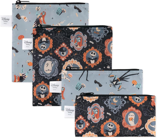 Bumkins - Cloth Snack & Sandwich Bags - For Storage, Travel, Food Prep, Lunch - Reusable, Water Resistant, Dishwasher Safe - Snack Bags for Kids - Zipper Closure - Nightmare Before Christmas - 4 Pack