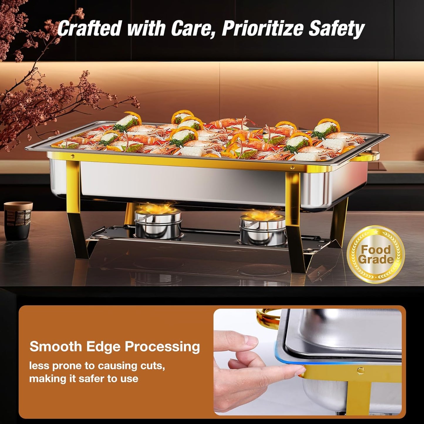 Gold Chafing Dishes for Buffet (9QT, 2 Pack) - Easy Assembly, Food-Grade Stainless Steel Chafers for Catering w/Rolled Edge Design, Foldable Frame, for Party, Banquet (Full Size Food Pan)