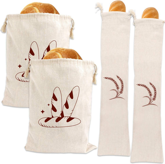 Augshy 4 Packs Linen Bread Bags for Homemade Bread, Unbleached, Reusable Bread Storage Bakery & Baguette