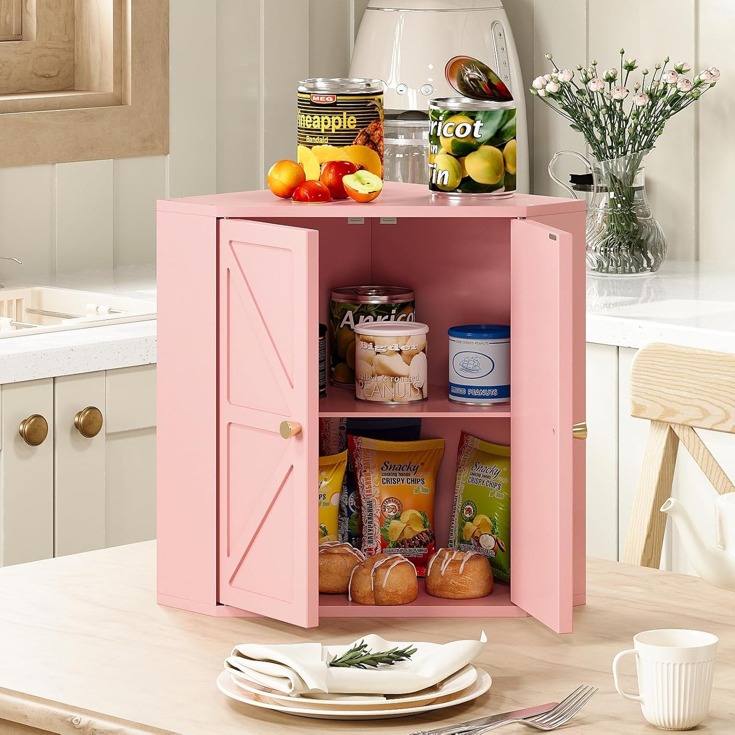 Corner Bread Box for Kitchen Counter Double Layer Bamboo Bread Storage Container Large Capacity Bread Storage Bin Farmhouse Breadbox Organizer (Pink)