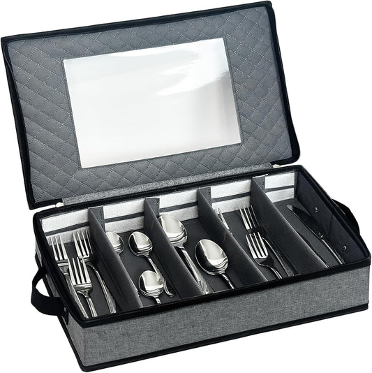 VERONLY Flatware Storage Case, Silverware Storage Box Chest with Dividers, 5 Compartment Cutlery Holder, Light Gray