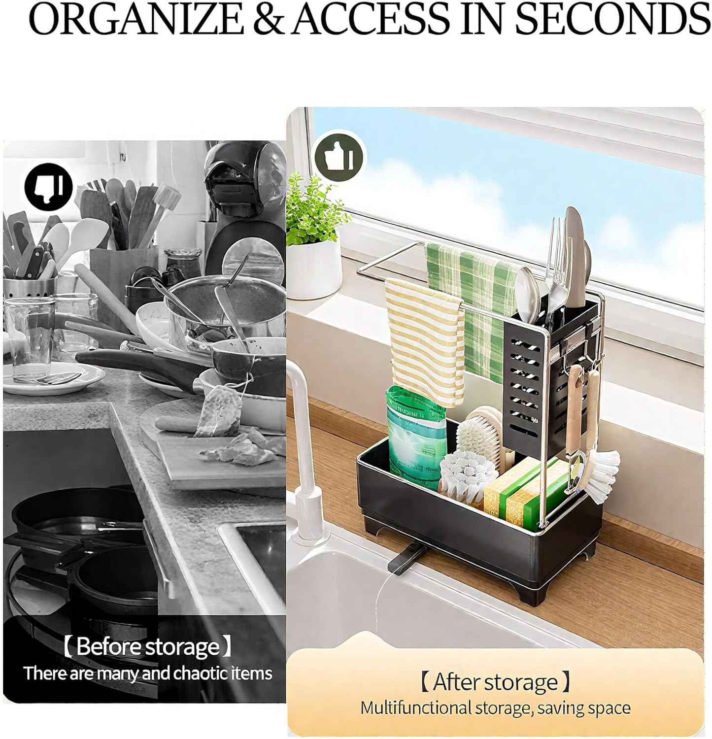 MOUKABAL Sponge Holder for Kitchen Sink, 2-Tier Sink Caddy Organizer with Drain Holes and Hooks, Holds Dishcloth, Sponge & Brushes, Kitchen Countertop Storage for New Home Essentials Black