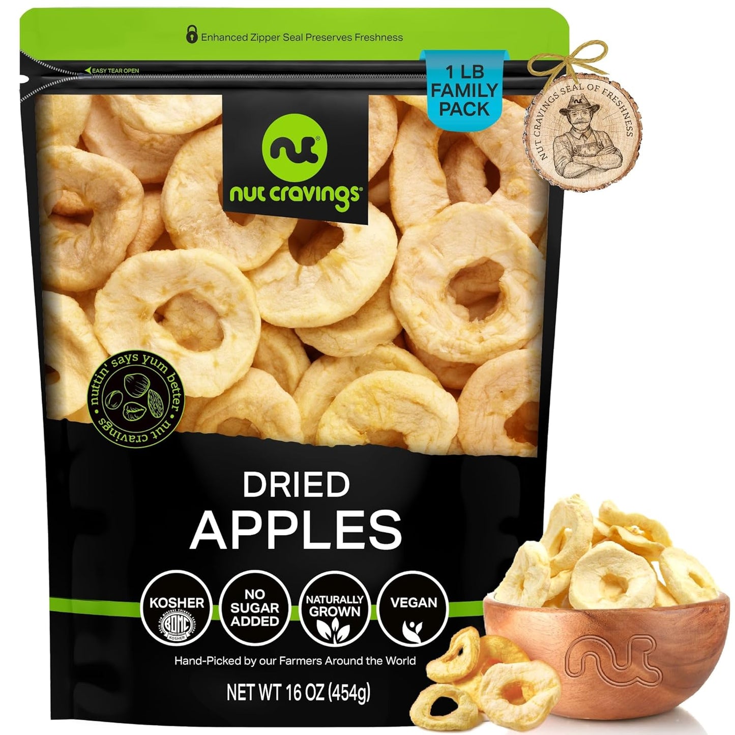 NUT CRAVINGS - Dried Apple Rings Slices, No Sugar Added - Chewy Soft Texture (16oz, 1 LB) Bulk Dry Fruits Packed Fresh in Resealable Bag - Sweet Healthy Snack, Naturally Grown, Vegan, Kosher