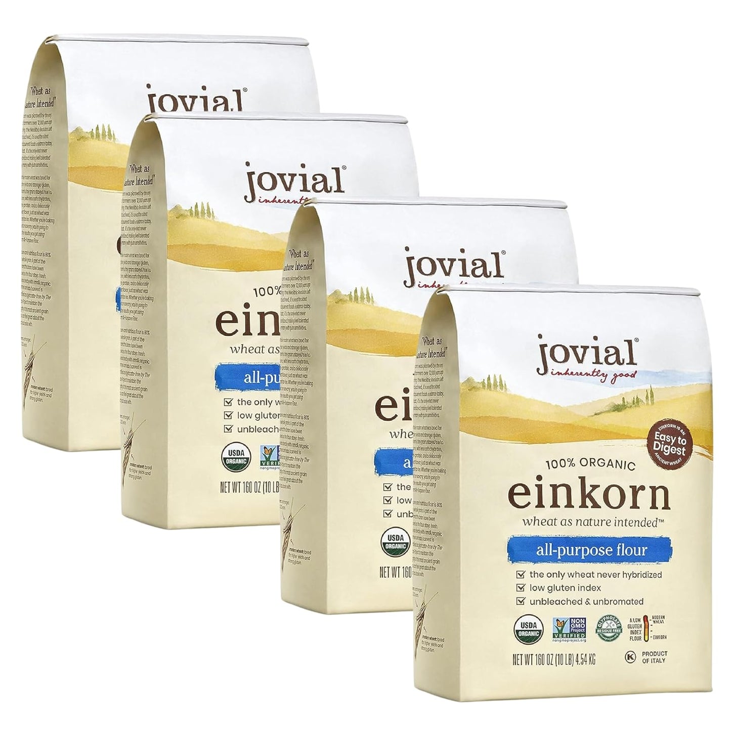 Jovial Organic Einkorn Unbleached All Purpose Flour - Bread Baking Flour for Sourdough, High Protein, Non-GMO, Organic Pizza & Pasta, European Italian, Glyphosate Free - 32 Oz, 4 Pack