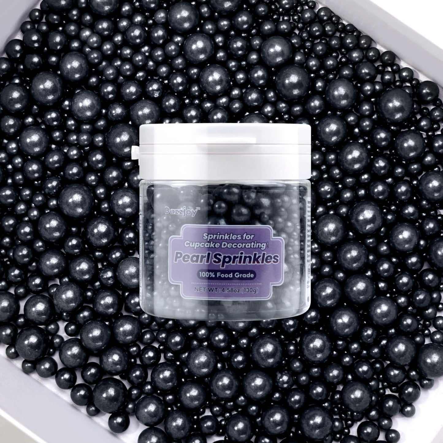 Dazzjoy Edible Black Sugar Sprinkles, Pearl Candy Sprinkles for Cake Decorating, Food Grade, Cupcake Toppers and Black Cake Decorations, Wedding Party Valentines Easter Supplies(130g/4.58oz)