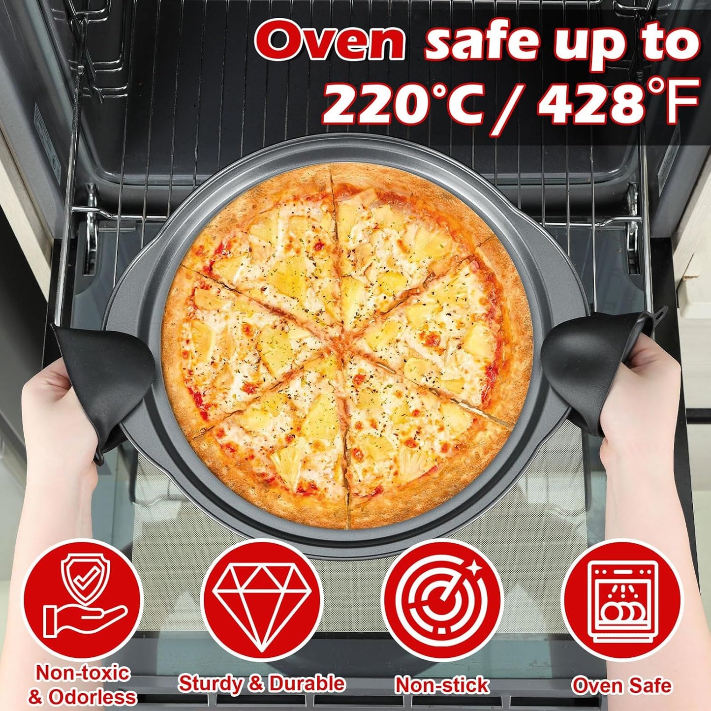 Pizza Pan for Oven - 13" Round Pizza Pans with Holes(2 Pack), Non-stick Carbon Steel Pizza Trays with Handle, Easy to Clean & Oven Safe