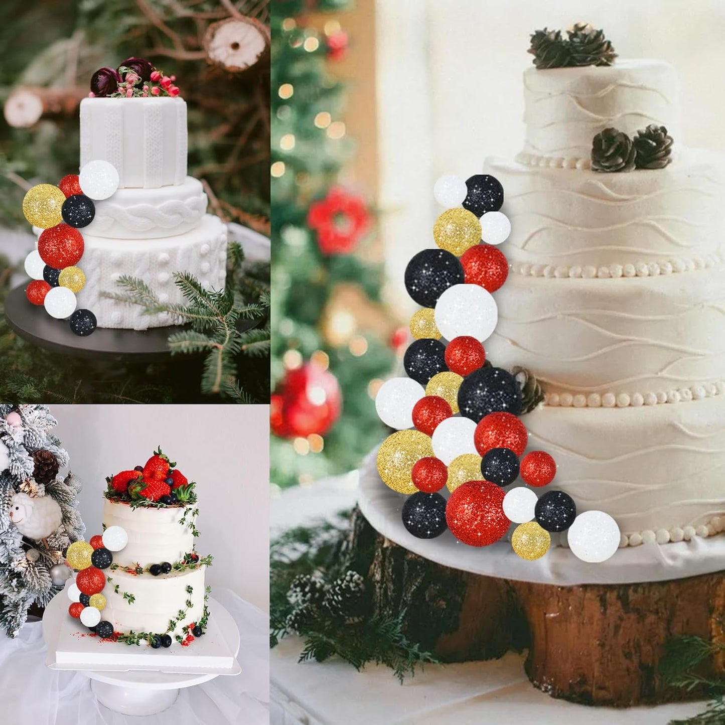 BEISHIDA 40 Pcs Foam Ball Cake Toppers with Sticks Mini Cake Decorations for Birthdays, Weddings, Baby Showers, DIY Baking Supplies, Anniversary Party (Red, Black, White，Gold)