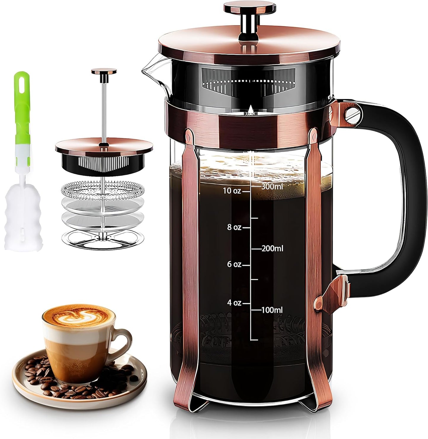 French Press Coffee Maker 304 Stainless Steel Coffee Press,with 4 Filters System, Heat Resistant Thickness Borosilicate French Press Glass, BPA-Free Brewed Tea Pot Coffee Plunger(Copper 12oz)