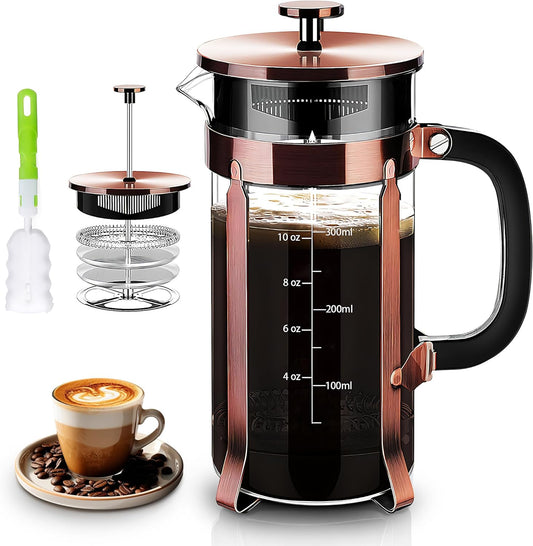 French Press Coffee Maker 304 Stainless Steel Coffee Press,with 4 Filters System, Heat Resistant Thickness Borosilicate French Press Glass, BPA-Free Brewed Tea Pot Coffee Plunger(Copper 12oz)