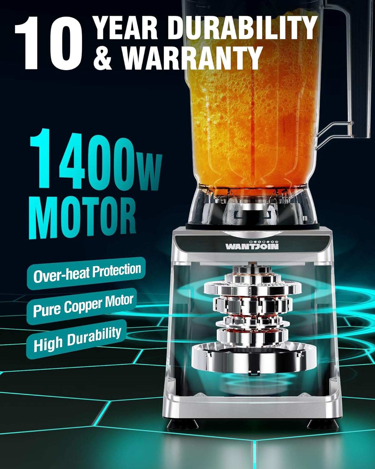 WantJoin Commercial Blender - 136 Oz Large Capacity Professional Blender Heavy Duty w/Pure Copper Motor,Dishwasher safe, 8-Blade Combo, 18800 RPM, Multi Speeds, Smoothie Blenders for Juice