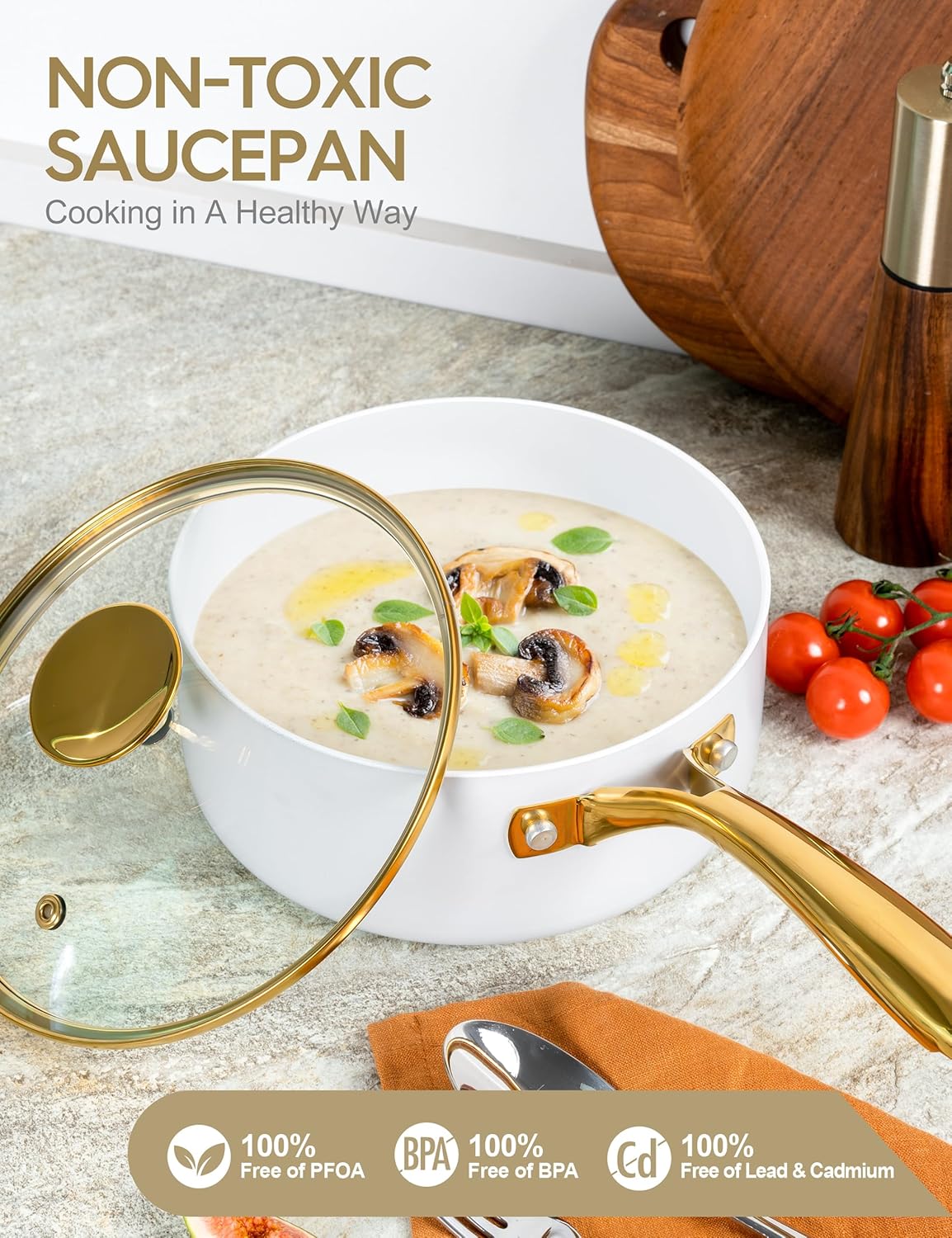 MICHELANGELO 1 Quart Nonstick Saucepan with Lid, Non-Toxic Ceramic Sauce Pan with Ergonomic Handle, 1 Qt Small Pot, Oven-Safe, White