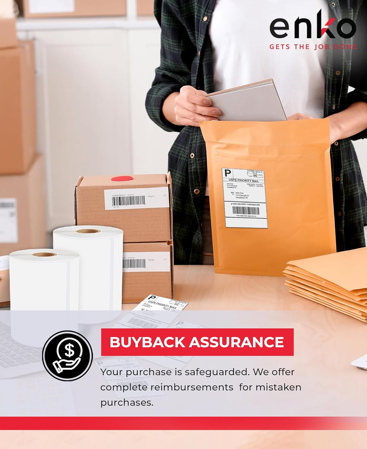 enKo 4 x 6 Thermal Fan Fold Labels Compatible for Rollo Printer Labels - 1 Stack of 500 4x6 Label Zebra Printer - Mailing Postal Label Paper, Perforated, Permanent Adhesive