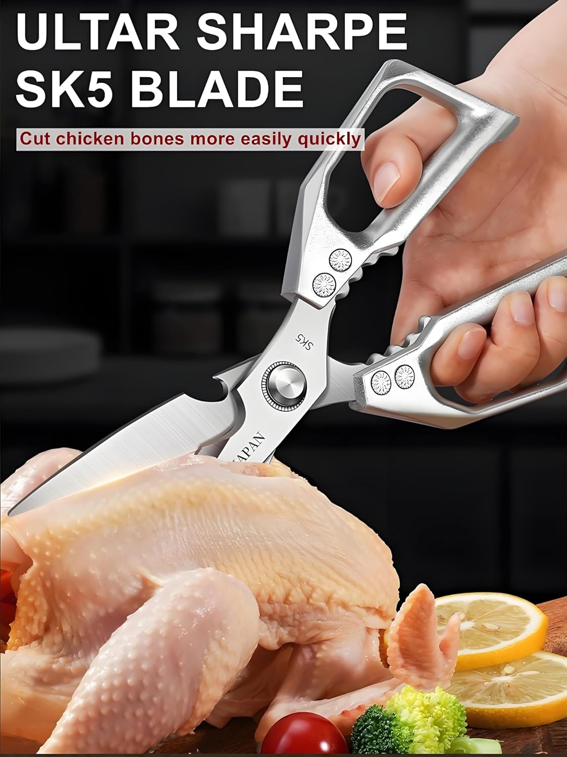 Kitchen Scissors, All Purpose，Ultra Sharp Japanese Meat Scissors，Heavy Duty Silver Cooking Scissor，Dishwash Safe Stainless Steel Kitchen Shears for Food, Chicken Bones, Turkey