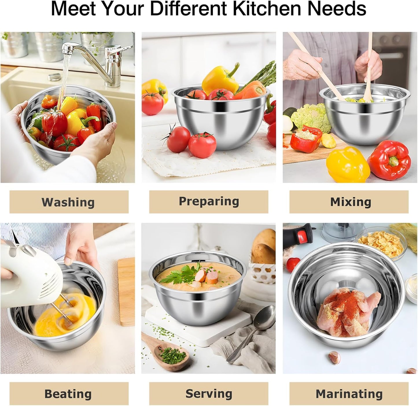 TeamFar Mixing Bowls, Stainless Steel Nesting Salad Bowls with Airtight Lids Set, For Serving/Mixing/Storing, Rust-proof & Heavy Duty, Dishwasher Safe, Set of 3-4.6/3 / 1.5 QT, Khaki