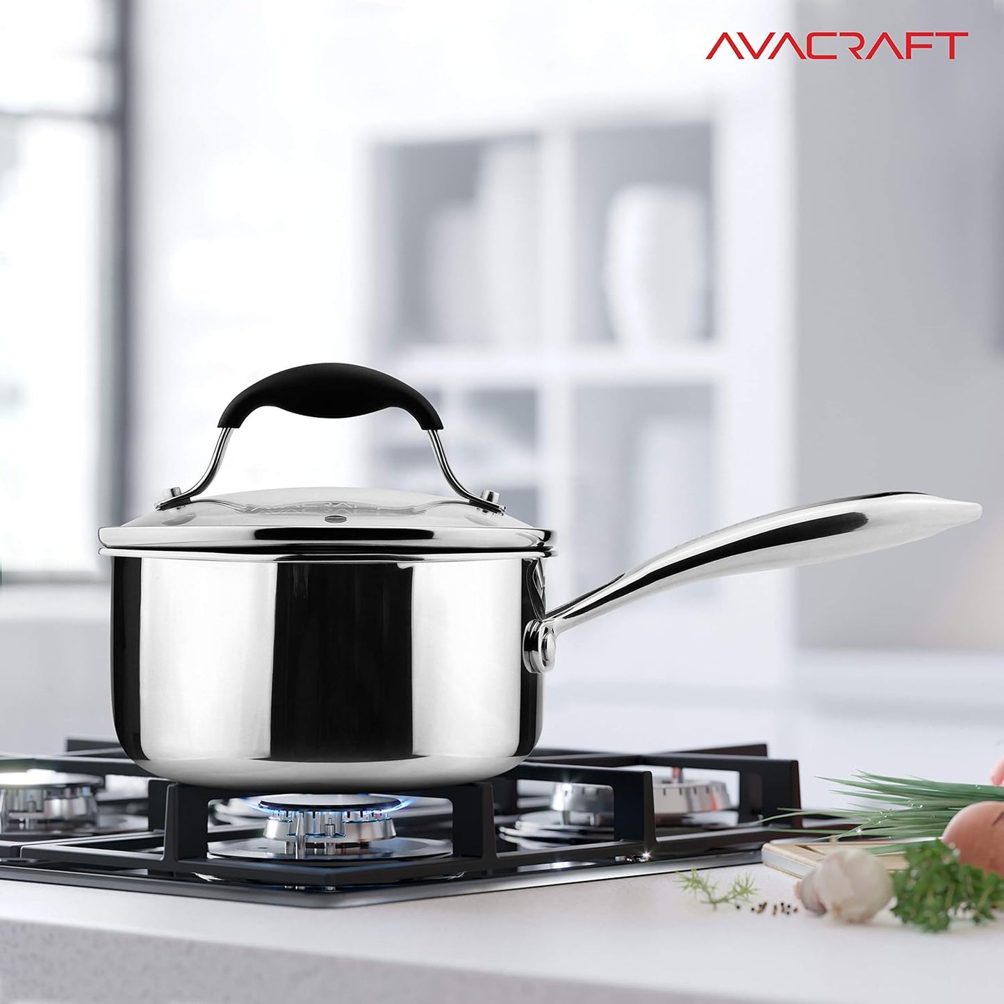 AVACRAFT Tri-Ply Stainless Steel Saucepan with Glass Strainer Lid, Two Side Spouts, Ergonomic Handle, Multipurpose Sauce Pan with Lid, Sauce Pot, Cooking Pot (Tri-Ply Full Body, 1.5 Quart)