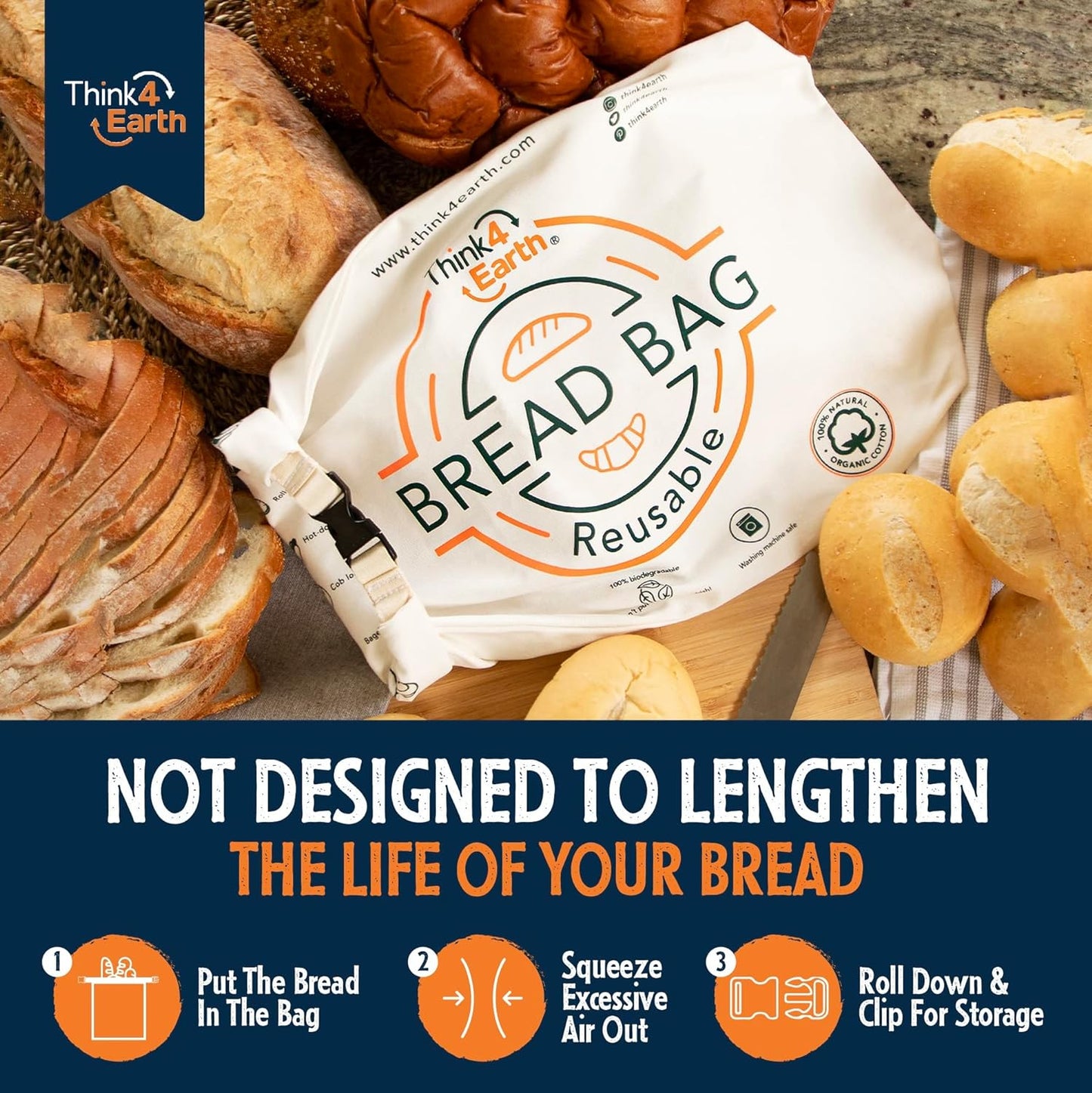 Think4Earth® - Reusable Organic Cotton Bread Bag for Homemade Loaves Large | Premium Quality Storage Bags - Unique Cotton Bags for Sourdough, Safe and Eco-Friendly (2 Units)