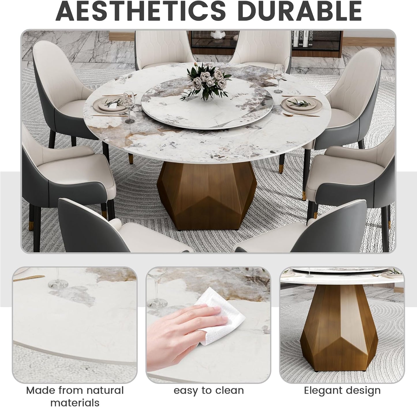 Montary 59" Modern Artificial Marble Round Dining Table with Antique Brass Metal Base & 31.5" White Sintered Stone Turntable, Dining Room Table with Lazy Susan for 6-8 (Only Table)