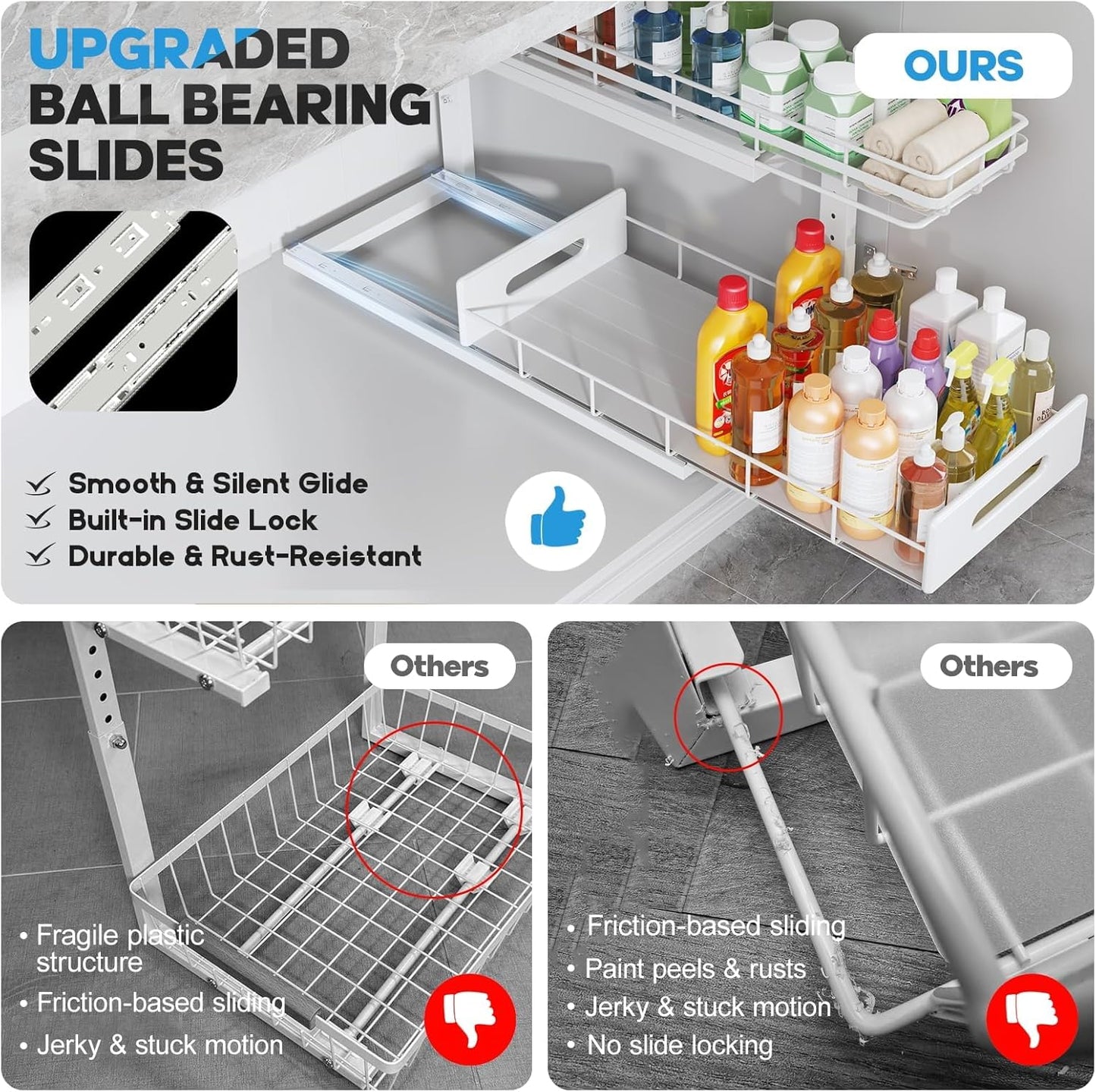 2 Pack 21 IN Depth Pull Out Cabinet Storage With Smooth Rails,2-Tier Dual Pull Out Cabinet Storage For Bathroom Kitchen,Under Sink Shelf-White