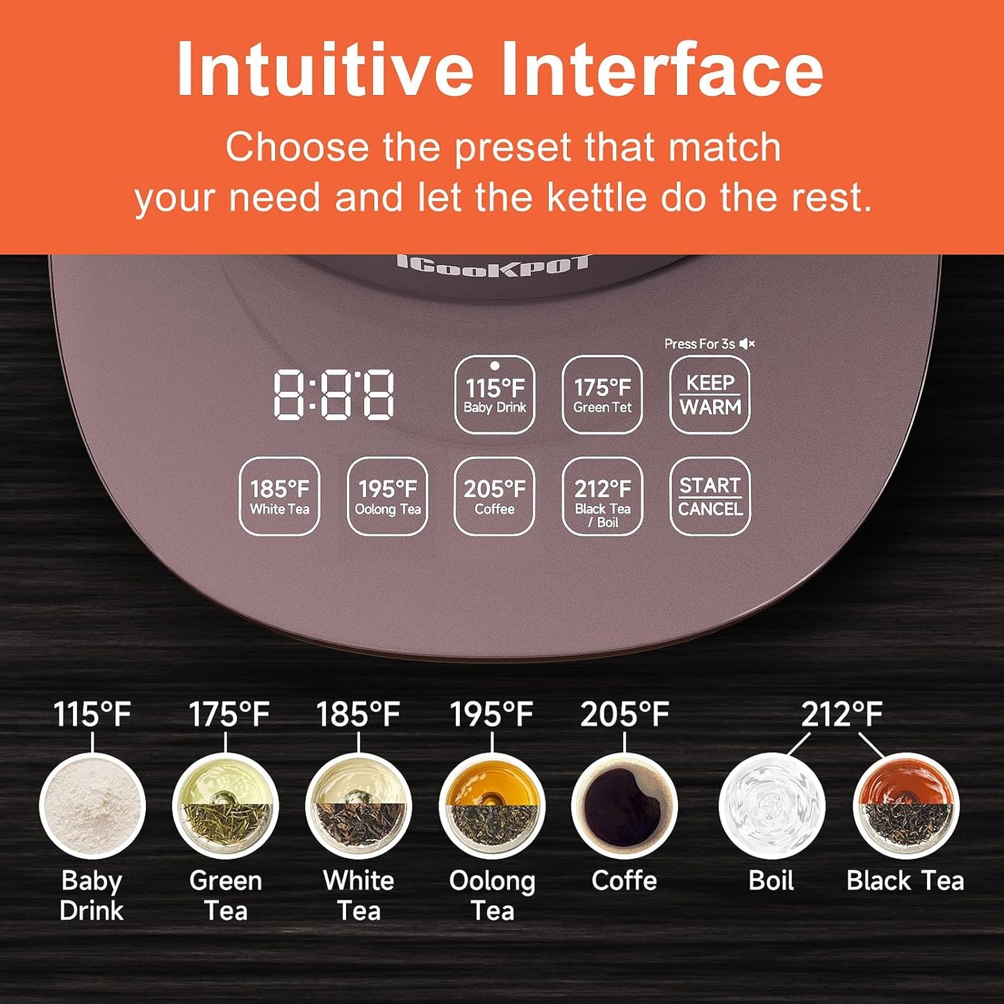 Titanium Hot Tea Maker Glass Electric Kettle with Infuser and Temperature Control,1.5L Tea Maker & 1500W Rapid Boiling,Programmable Control for your Favorite Teas and Coffee-Brown