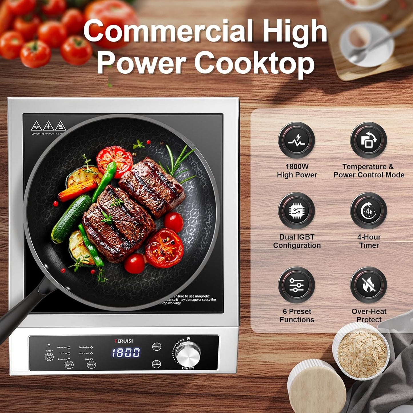 Induction Cooktop Commercial, 1800W Electric Stove with 18/10 Stainless Steel, 4 Hours Timer, 6 Preset Functions, 8 Temp/Power Levels, Portable Countertop Burner for RV Home Kitchen