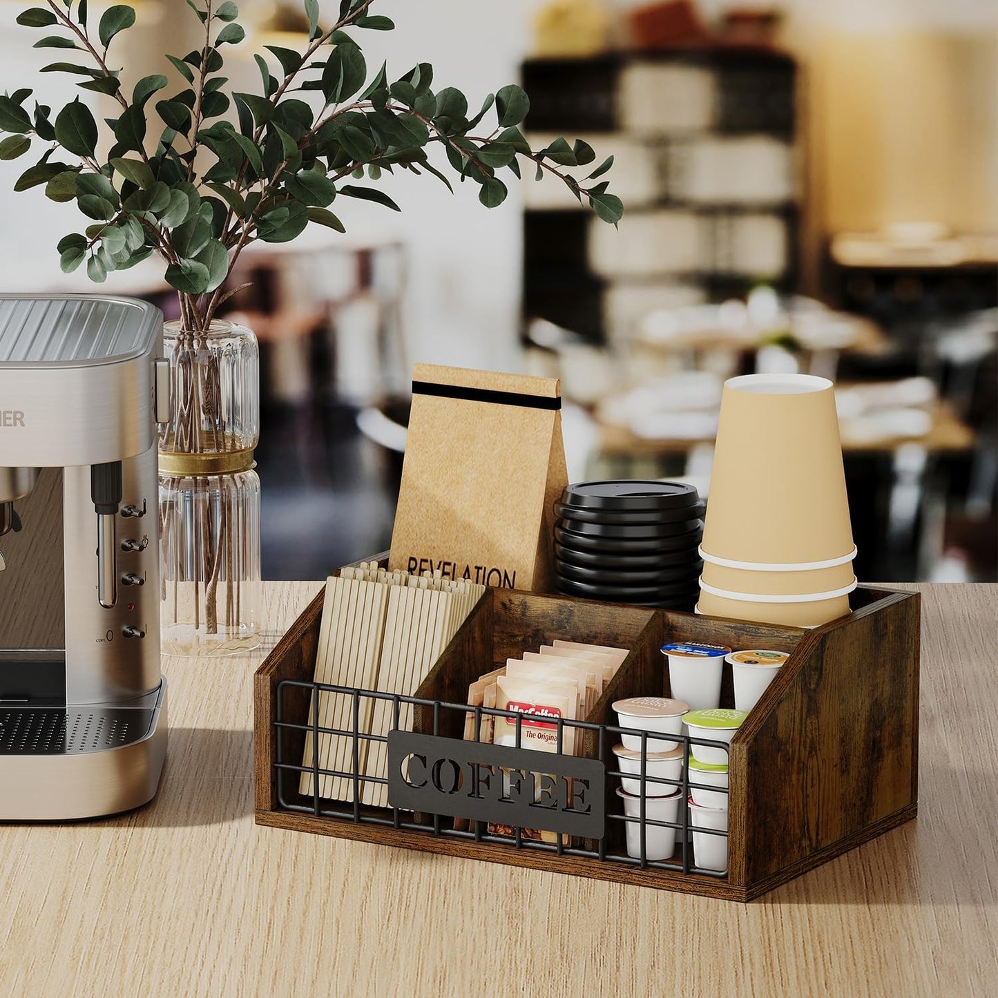 YINMIT Coffee Station Organizer for Countertop, Wood Coffee Bar Organizer with Removable Dividers for Pods, Syrup, Cups, Stirrer, Tea - Office Bar Accessories, Iron Wire-Vintage Brown