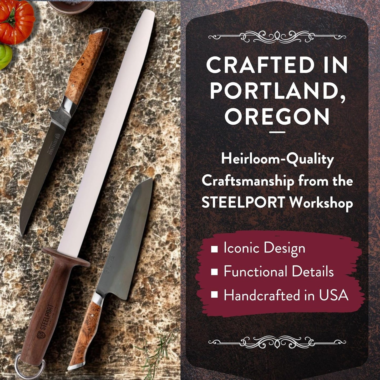 STEELPORT 12 inch Oval Ceramic Honing Rod | Professional Knife Sharpener Rod with Oregon Black Walnut Handle, Safety Guard | Premium Serrated Blade Sharpener For All Knife Types