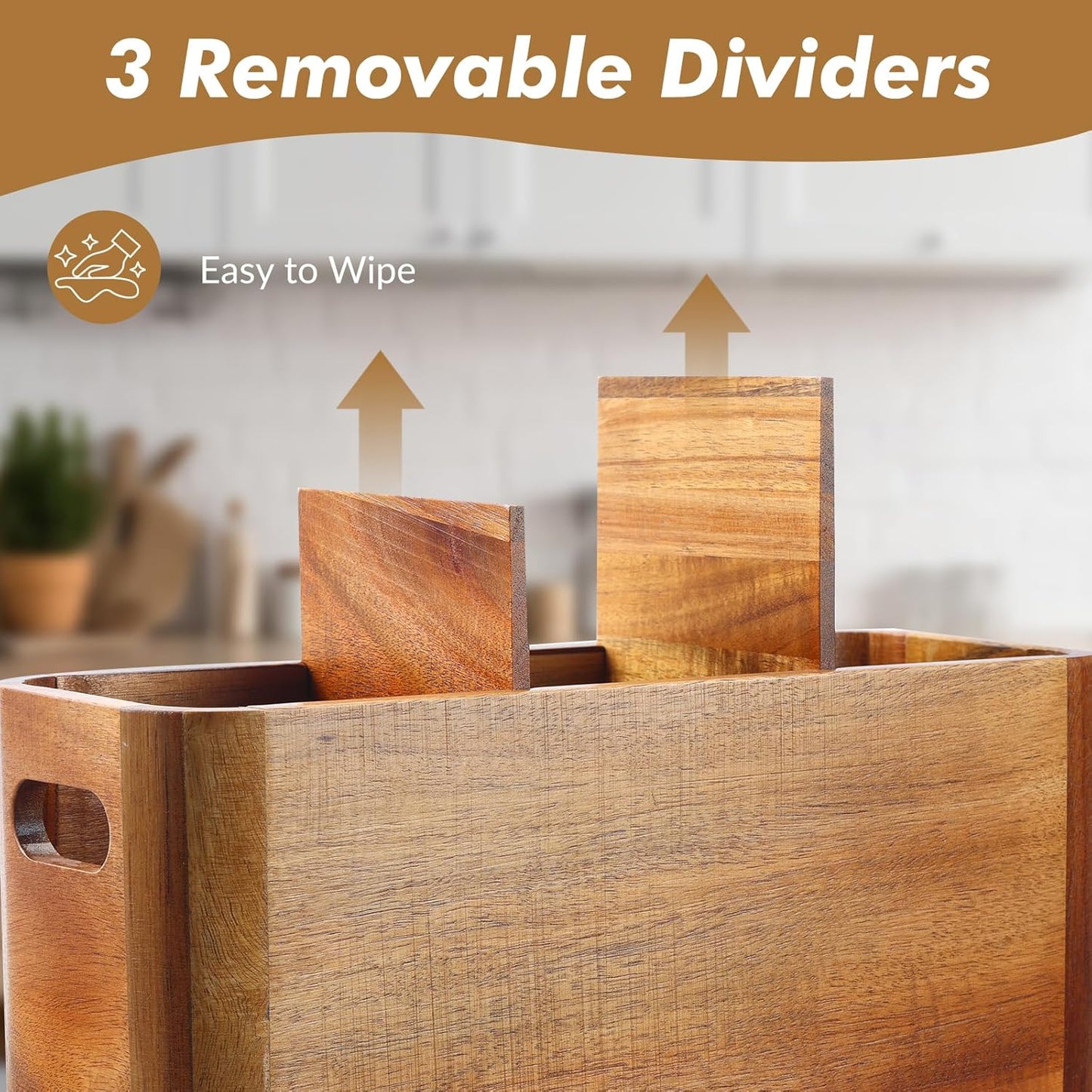 Kitchen Utensil Holder for Counter or Countertop, Extra Large Acacia Wood Organizer with 3 Compartments, Wooden Storage for Cooking and Silverware, Rustic Minimalist Decor, Sturdy Utensil Crock