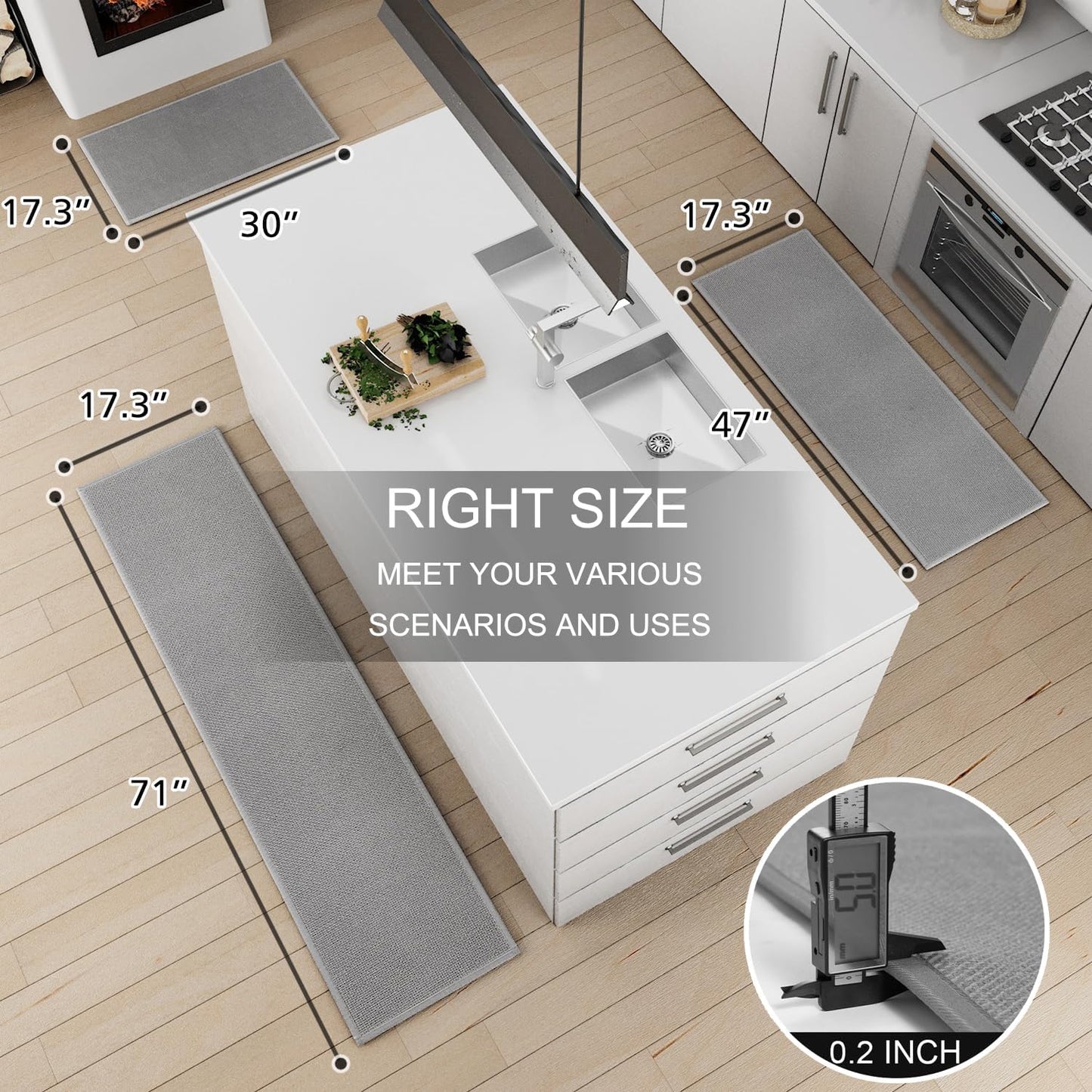 Kitchen Mat 1 PCS, Cushioned Non Slip Rugs for Kitchen Floor, Absorbent Runner Comfort Standing Mats Washable for Kitchen, Office, Home (Grey, 17.3"x47")