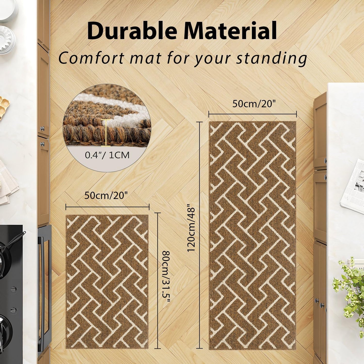 hicorfe Kitchen Rugs and Mats Sets,Non-Slip 2 Pieces Absorbent 100% Polypropylene Rug,Comfort Kitchen Runner Mat,Washable for Kitchen,Sink,Laundry(20" x 31.5" Plus 20" x 48",Brown)