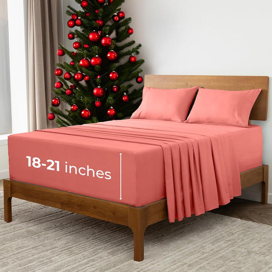 Mellanni Extra Deep Full Sheets - 4 PC Iconic Collection Bedding - Hotel Luxury, Ultra Soft, Cooling Bed Sheets - Wrinkle, Fade, Stain Resistant (Full, Coral)