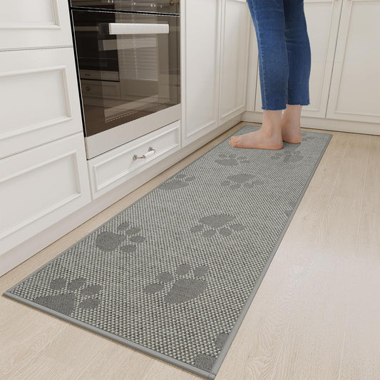 Non-Slip Kitchen Mats for Floor, Soft Woven Linen Embroidery Kitchen Runner Rug - Super Absorbent Washable Kitchen Sink Mat with Rubber Backing for Office & Home Gray 17x59