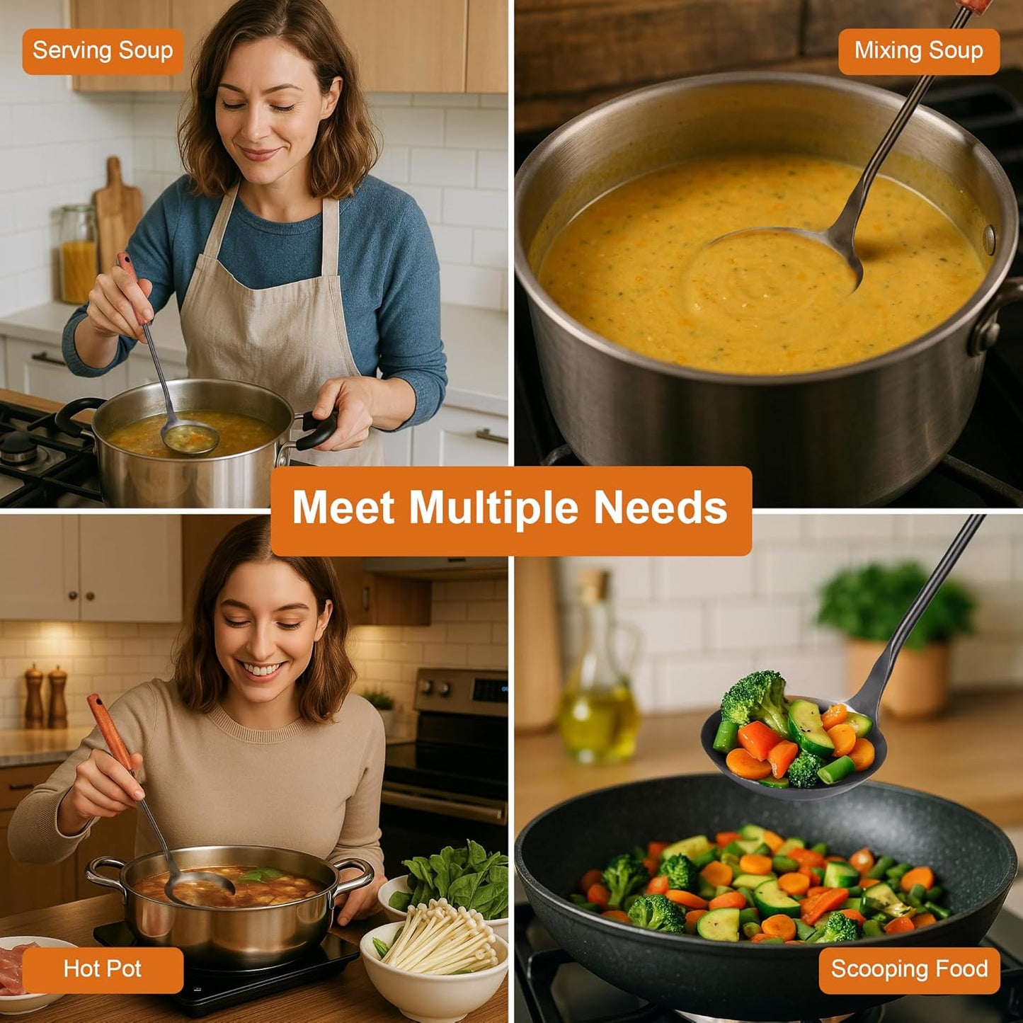 FJNATINH Soup Ladle, Food Grade 304 Stainless Steel Ladle, Large Metal Ladel Kitchen Cooking Soup Spoon Tools with Heat Resistant Wooden Handle, Integral Forming 13.8 Inches