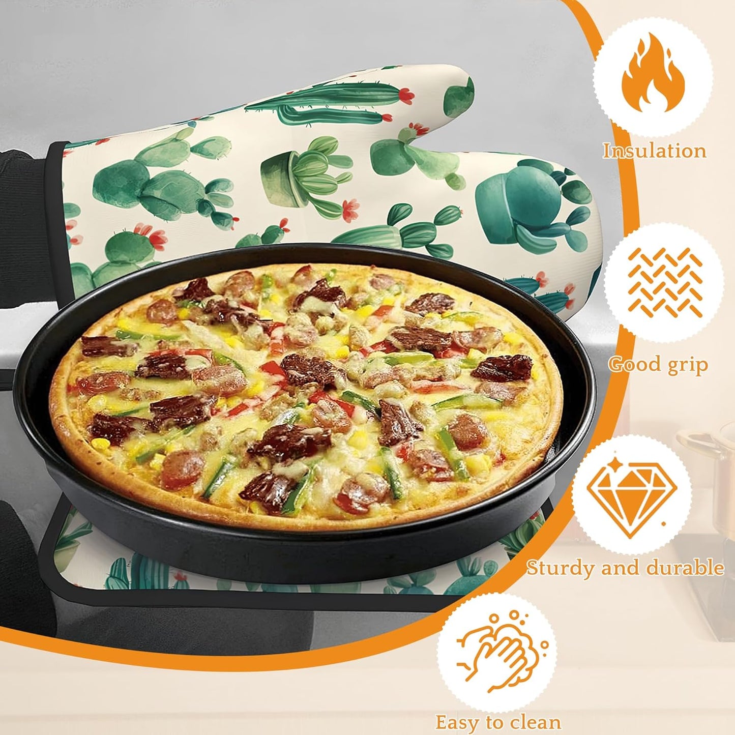 Cactus Succulent Flower Oven Mitts and Pot Holders Set,Kitchen Decor Heat Resistant Non Slip Hot Pads and Oven Mitt for Chef Cooking Baking BBQ Mom Girl Gifts(4 Piece Set)