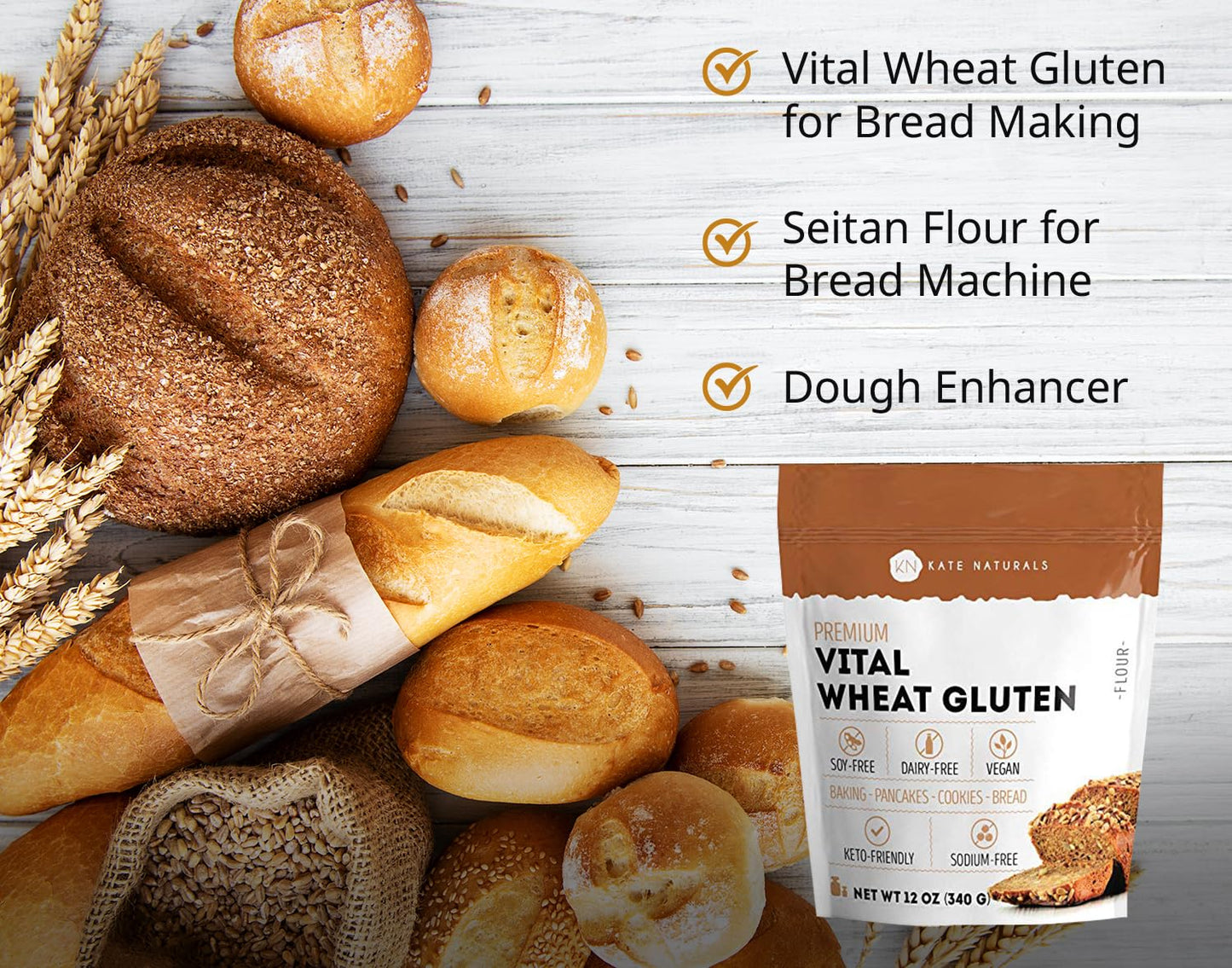 Kate Naturals Vital Wheat Gluten for Bread Making, Baking & Seitan. Compatible with Bread Machine (12oz, High Protein Flour)