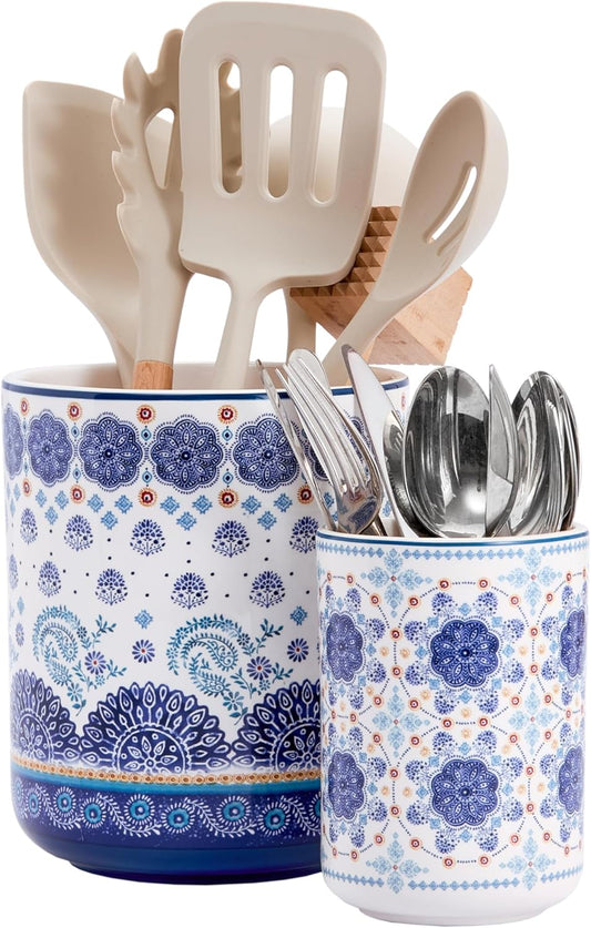 Bico Blue Talavera Ceramic Utensil Holder Set of 2, Ceramic Kitchen Utensil Crocks for Countertop, Large Cooking Tool Holder Counter Decor, Spatula Organizer