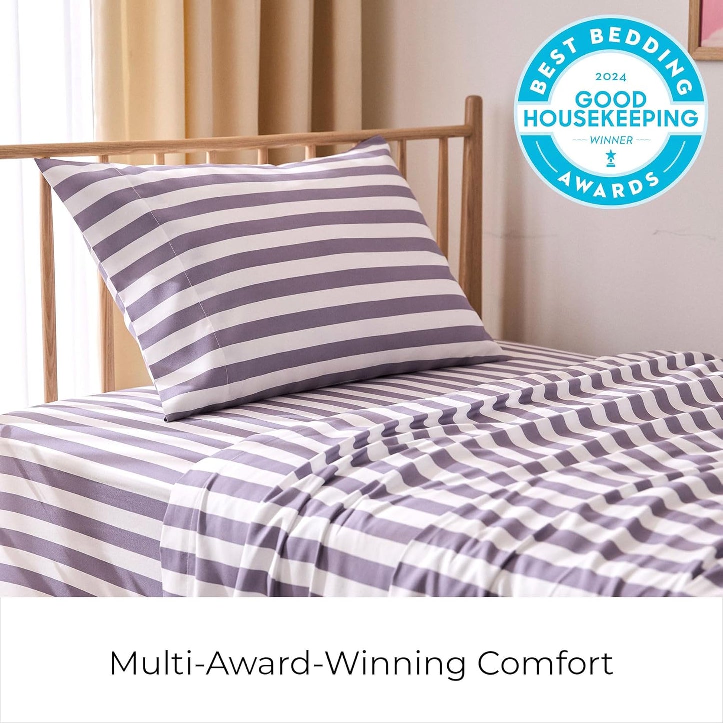 Mellanni Twin XL Sheets Set - 3 PC Iconic Collection Bedding - Hotel Luxury, Soft, Cooling Bed Sheets - Wrinkle, Fade, Stain Resistant (Twin Extra Long, Oxford Stripe Hazy Lilac)