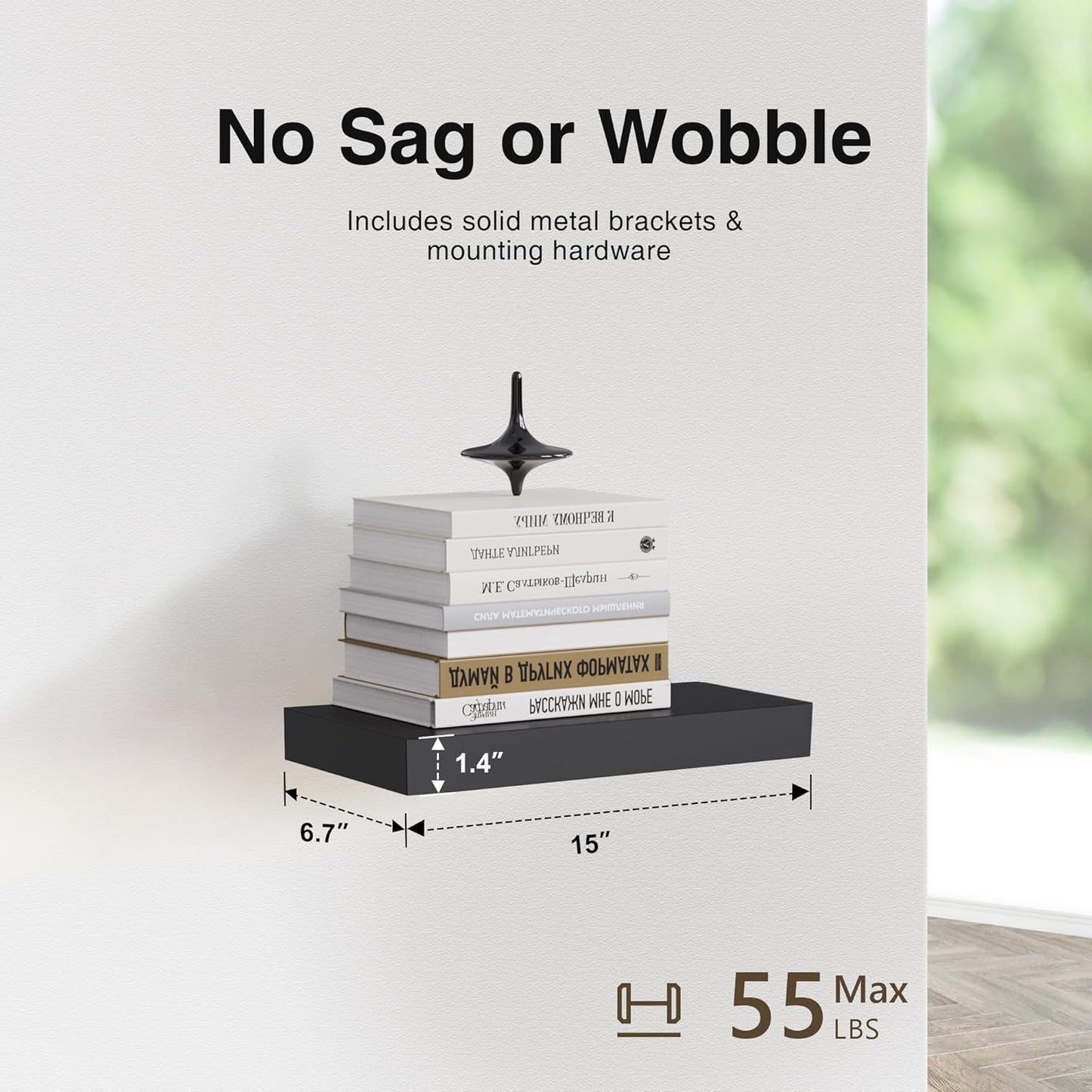 Colima Floating Shelves for Wall Black Wood Shelf for Bedroom, 15 Inch Wall Mounted for Bathroom Living Room Kitchen Office, 1.3" Thick Floating Book Shelves for Wall, Set of 2