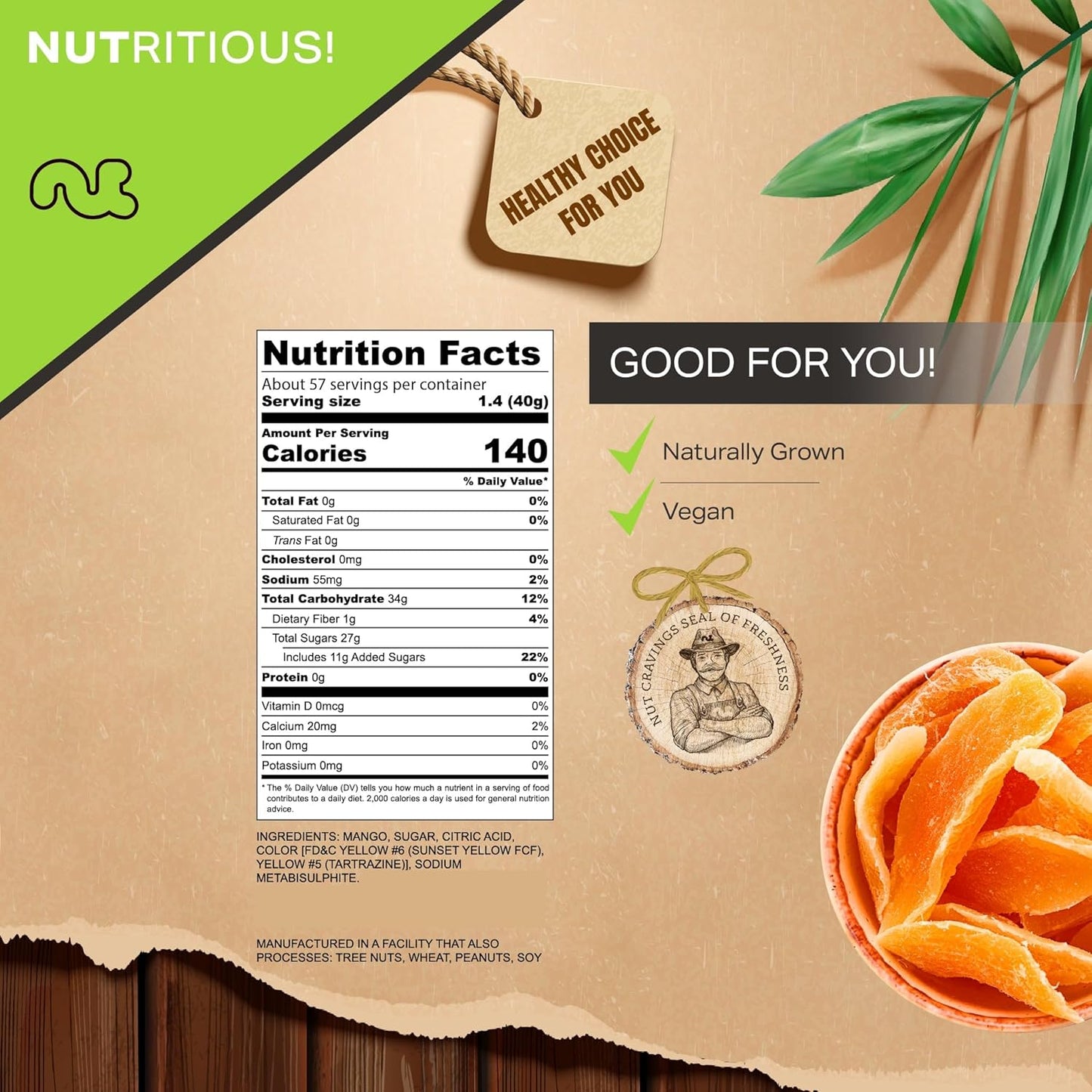 NUT CRAVINGS - Sun Dried Mango Slices, Lightly Sweetened (80oz, 5 LB) Bulk Dry Fruits Packed Fresh in Resealable Bag - Sweet Healthy Snack, Naturally Grown, Vegan, Kosher